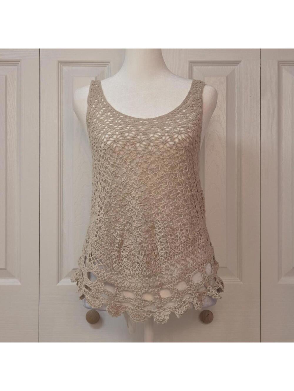 Vintage Y2K Open Crochet Tunic Tank Top Size XS/S Indie Boho Beach 70s Festival